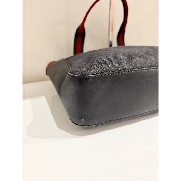 VTG Gucci Web Striped Sherry Line Denim Leather Tote Handbag Dark Blue/Green/Red - Picture 9 of 13